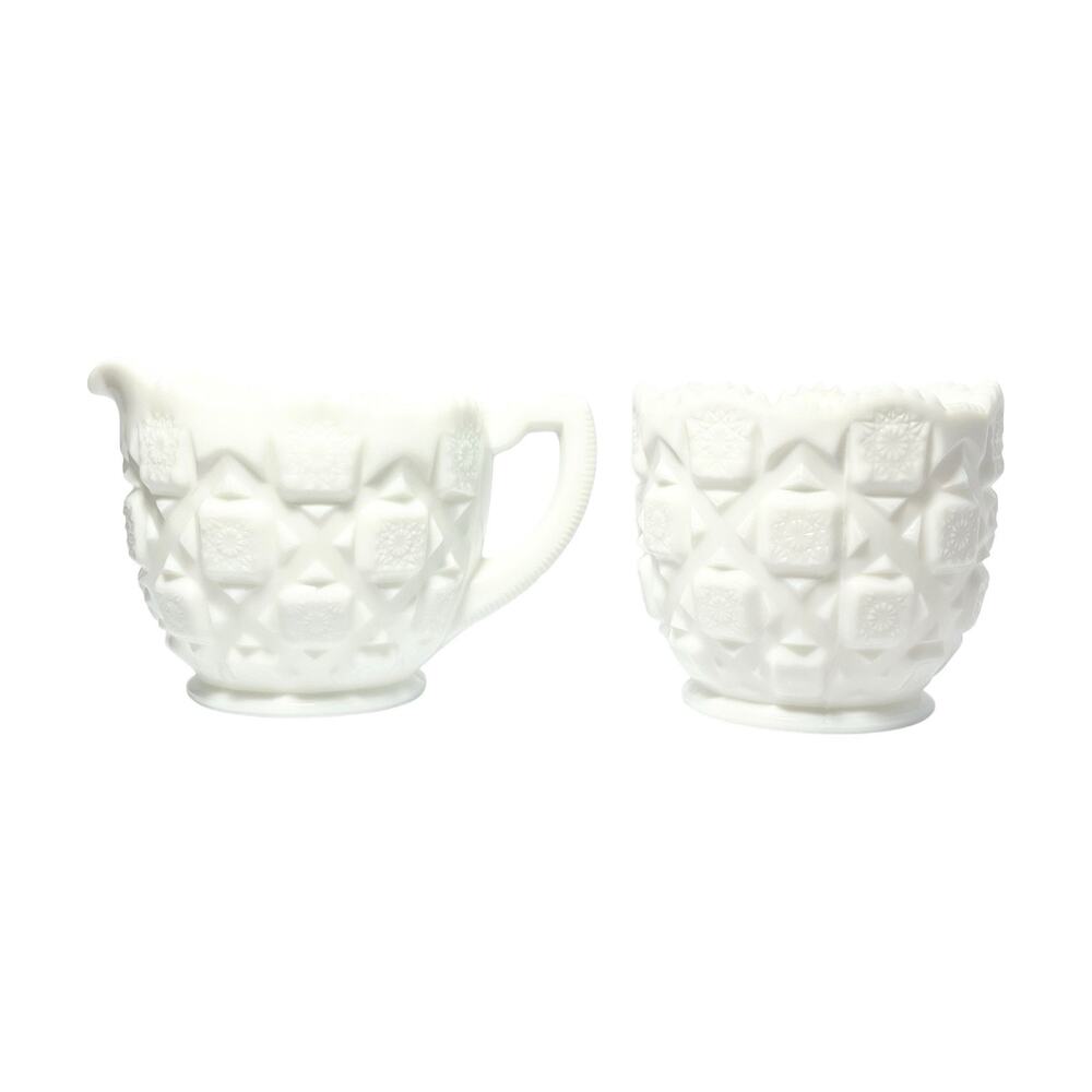 Westmoreland “Old Quilt” Milk Glass Creamer 3 7/8” 12oz & Open Sugar Bowl 3 3/4”
